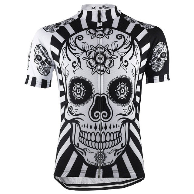 The Floral Black and White Skull Cycling Jersey features a striking sugar skull with floral patterns on a striped background. Made from lightweight, breathable polyester for comfort, it includes additional sleeve skulls and a center zipper for convenience.