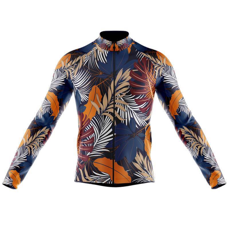 The Floral Bright Reeds Cycling Jersey offers a zip-up design with long sleeves and a vibrant tropical leaf pattern in orange, blue, and white on a dark background for a bold visual effect.