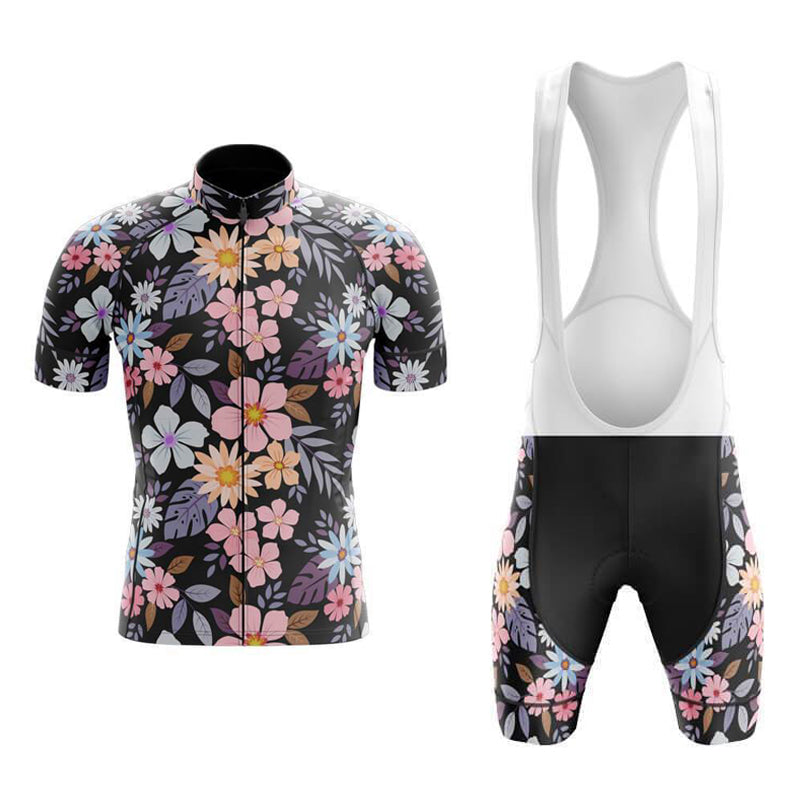 The Floral Cycling Jersey Set includes a short-sleeve jersey and bib shorts, made from lightweight polyester. It features colorful flowers on a black background with light leaves, while the bib shorts have a contrasting white upper section for added flair.