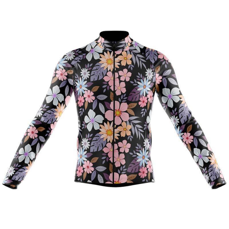 The Floral Cycling Jersey features colorful flowers and leaves on a dark background, a long-sleeved design with front zipper, and offers a fleece option for added warmth during rides.