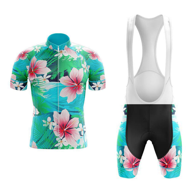 The Floral Oriental Lily Cycling Jersey Set offers performance wear with a short-sleeve jersey and bib shorts, featuring a retro tropical theme of green and blue hues, large pink and white flowers, creating an eye-catching floral design.