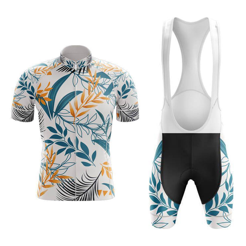 The Floral White Blue Cycling Jersey Set includes a short-sleeve lightweight polyester jersey with blue and orange leaf designs on a white background, paired with black-paneled bib shorts and shoulder straps, achieving a perfect retro look.