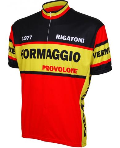 The Formaggio Provolone 1977 World Championships Retro Cycling Jersey features bold black, red, and yellow blocks with a classic sports-inspired design that includes Rigatoni, Formaggio Provolone, and 1977, capturing the essence of prestige in vintage cycling jerseys.