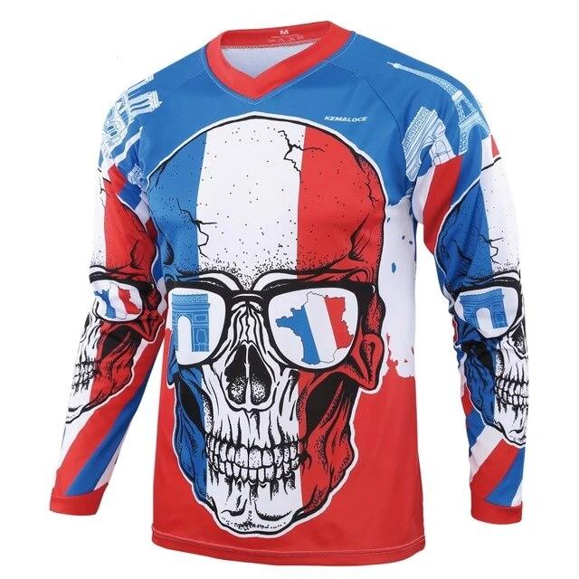 The France Long Sleeve Skull Cycling Jersey features a red, white, and blue skull design with sunglasses reflecting the French flag. Its patriotic abstract patterns make it ideal for avid cyclists.