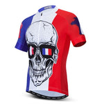 Discover the France Skull Cycling Jersey, made from lightweight polyester with a bold skull sporting French flag sunglasses and eye-catching red, white, and blue stripes, capturing the essence of French spirit.