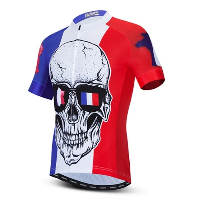 Discover the France Skull Cycling Jersey, made from lightweight polyester with a bold skull sporting French flag sunglasses and eye-catching red, white, and blue stripes, capturing the essence of French spirit.