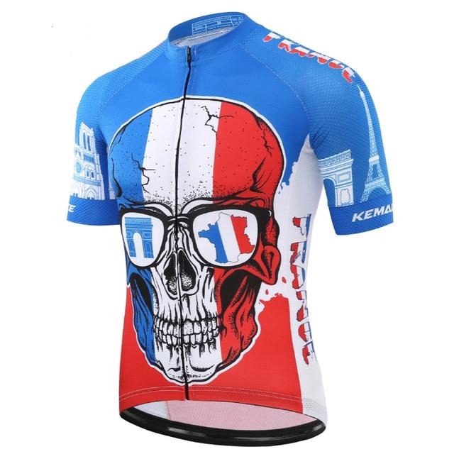 The France Skull Cycling Jersey, made from lightweight polyester for enhanced performance, features a bold skull with sunglasses and the French flag. It showcases blue, white, and red colors with FRANCE and landmarks like the Eiffel Tower.