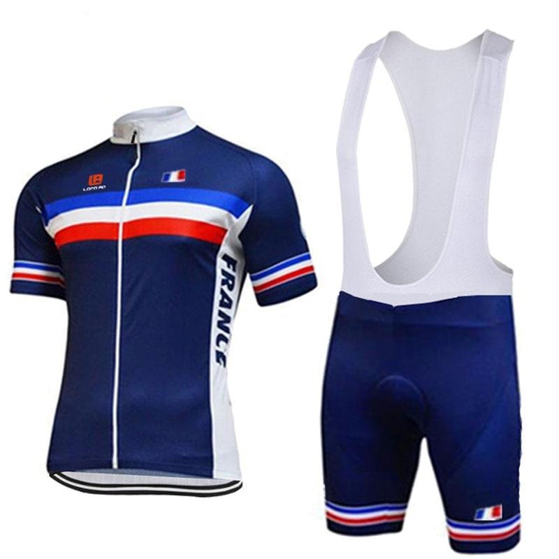 The French Team Cycling Jersey Set features a blue short-sleeved top with red, white, and blue stripes and FRANCE on the side. It includes matching bib shorts with a seat pad, white suspenders, and both pieces have a small French flag emblem.