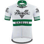 The Frisol Gazelle Retro Cycling Jersey features black FRISOL and GAZELLE logos with sleek green stripes on the chest, sleeves, and collar. It captures the classic racing spirit against a pristine white background, reminiscent of iconic races like Milan–San Remo.