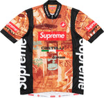 The Supreme Retro Cycling Jersey is a short-sleeved performance piece made of lightweight polyester, featuring a graffiti subway train design. Supreme, Castelli, and Rosso Corsa are highlighted in red and white, along with a convenient full front zipper.