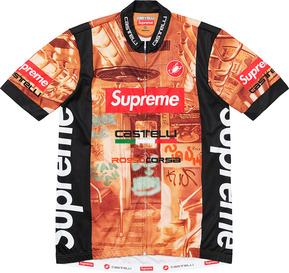 The Supreme Retro Cycling Jersey is a short-sleeved performance piece made of lightweight polyester, featuring a graffiti subway train design. Supreme, Castelli, and Rosso Corsa are highlighted in red and white, along with a convenient full front zipper.