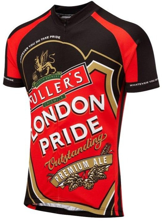The Fullers London Pride Beer Cycling Jersey is a vibrant retro piece featuring a large red and black emblem with Fullers London Pride Outstanding Premium Ale in bold white letters, plus decorative griffin and barley elements.