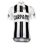 The G. S. Carpano Retro Cycling Jersey Set features a retro design with black and white vertical stripes, CARPANO text, Italian flag colors on the chest, short sleeves, a full-length front zipper, and lightweight polyester for comfort.
