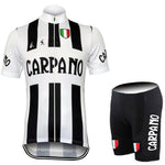 Show off the G. S. Carpano Retro Cycling Jersey Set: a vintage white and black striped jersey with Carpano text, Italian flag emblem, and made from lightweight polyester, paired with matching black shorts featuring similar detailing.