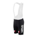 The G. S. Carpano Retro Cycling Jersey Set includes cycling bib shorts crafted from lightweight polyester, featuring white straps and a classic black lower section. CARPANO is displayed on the thigh in white, with Italian flag patches on the cuffs, offering a vintage cycling look inspired by G. S. Carpanos style.