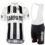 The G. S. Carpano Retro Cycling Jersey Set includes a black and white striped jersey with CARPANO and the Italian flag crest, made from lightweight polyester, and matching black bib shorts featuring the same text and crest on the side.