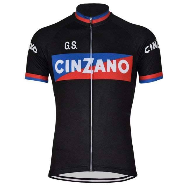 The G.S. Cinzano Retro Cycling Jersey boasts a black design with GS on the chest, the word CINZANO on a vivid red, blue, and white stripe, Team Cinzano text on the sleeves, and bold blue and red accents for that classic Breaking Away vibe.