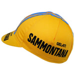 The Gelati Sammontana Retro Cycling Cap displays a classic retro design featuring yellow color, blue accents, and black SAMMONTANA and GELATI text on the side, with a short brim that enhances its distinct style.