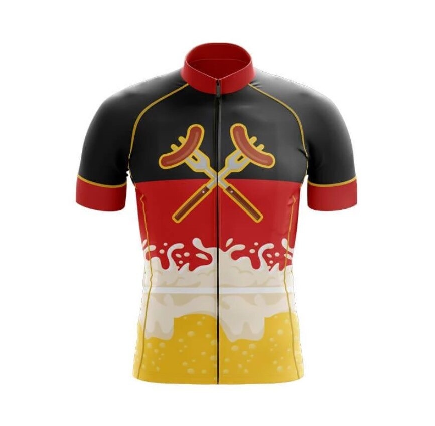 The German BBQ Bratwurst Cycling Jersey features a black, red, and yellow design with crossed sausages on forks at the chest and a foamy beer mug graphic below. Made from lightweight polyester for comfort, it has striking red collar and cuffs ideal for any German BBQ enthusiast.