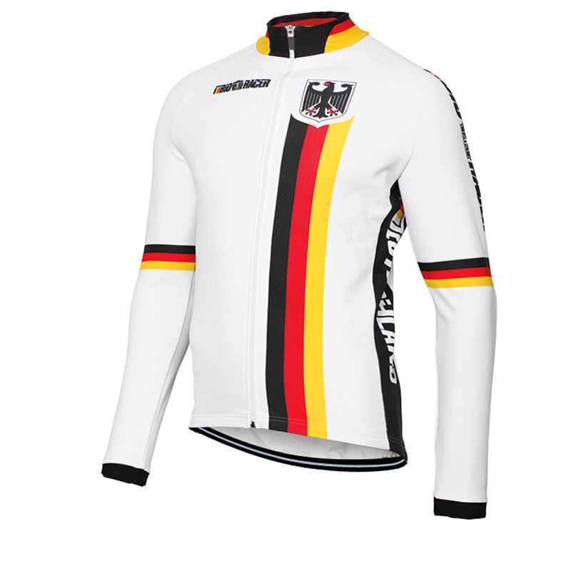 The German Cycling Team Retro Cycling Long Set mimics the German flag with its black, red, and yellow stripes. It showcases an eagle emblem on the chest, black cuffs, a high collar with a front zipper, and PRIDE IN RACE above the emblem, reflecting prestigious team jerseys.