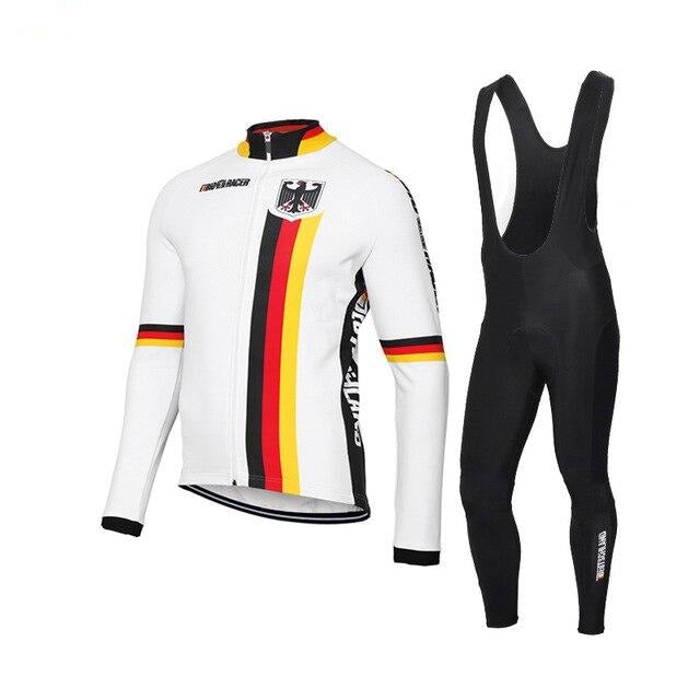 The German Cycling Team Retro Cycling Long Set features a retro-inspired white jersey with red, yellow, and black stripes and a chest crest, paired with black bib tights. A perfect vintage style choice for cycling enthusiasts.