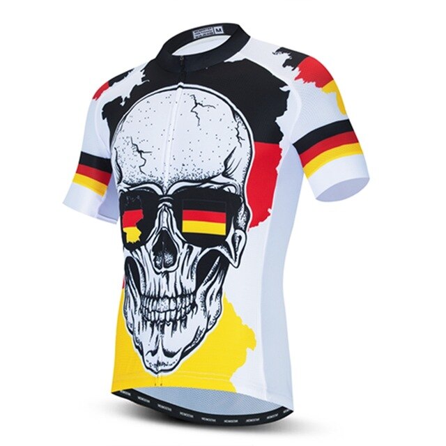 Introducing the Germany Skull Cycling Jersey: a lightweight polyester jersey featuring a large skull in sunglasses with a German flag motif, against black, red, and yellow splashes, with matching striped sleeves.