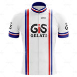 The GiS Gelati Retro Cycling Jersey Set is made of breathable, lightweight polyester with vertical blue and red stripes and has GIS GELATI on the front, with matching striped sleeves.