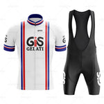 The GiS Gelati Retro Cycling Jersey Set includes a lightweight polyester jersey with vertical red and blue stripes and breathable white fabric, paired perfectly with subtly logoed black bib shorts for a stylish and comfortable ride.