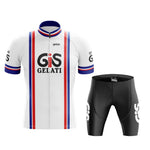 The GiS Gelati Retro Cycling Jersey Set includes a breathable, lightweight white polyester jersey with blue and red stripes and GiS Gelati text, paired with black shorts featuring a small logo.