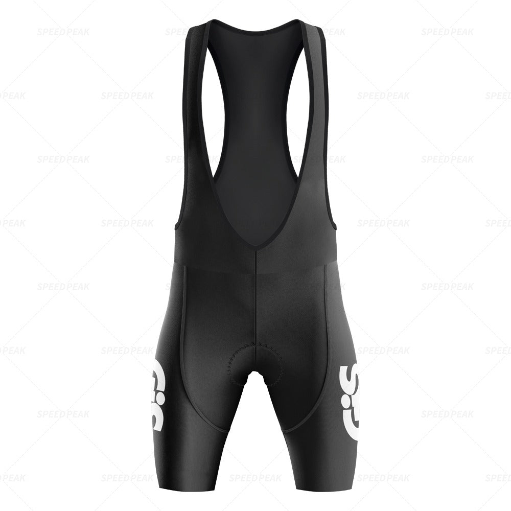 The GiS Trentino Vacanze Retro Cycling Jersey Set showcases black cycling bib shorts with a racerback design and padded seat. Made from breathable, comfortable, lightweight polyester for aerodynamic performance, it features white logo designs near the legs.