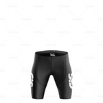 The GiS Trentino Vacanze Retro Cycling Jersey Set includes black cycling shorts with a padded seat, made from lightweight polyester, featuring a white logo on the right thigh. These breathable, comfortable shorts have an elastic waistband and a sleek design for professional cycling. Displayed on white.