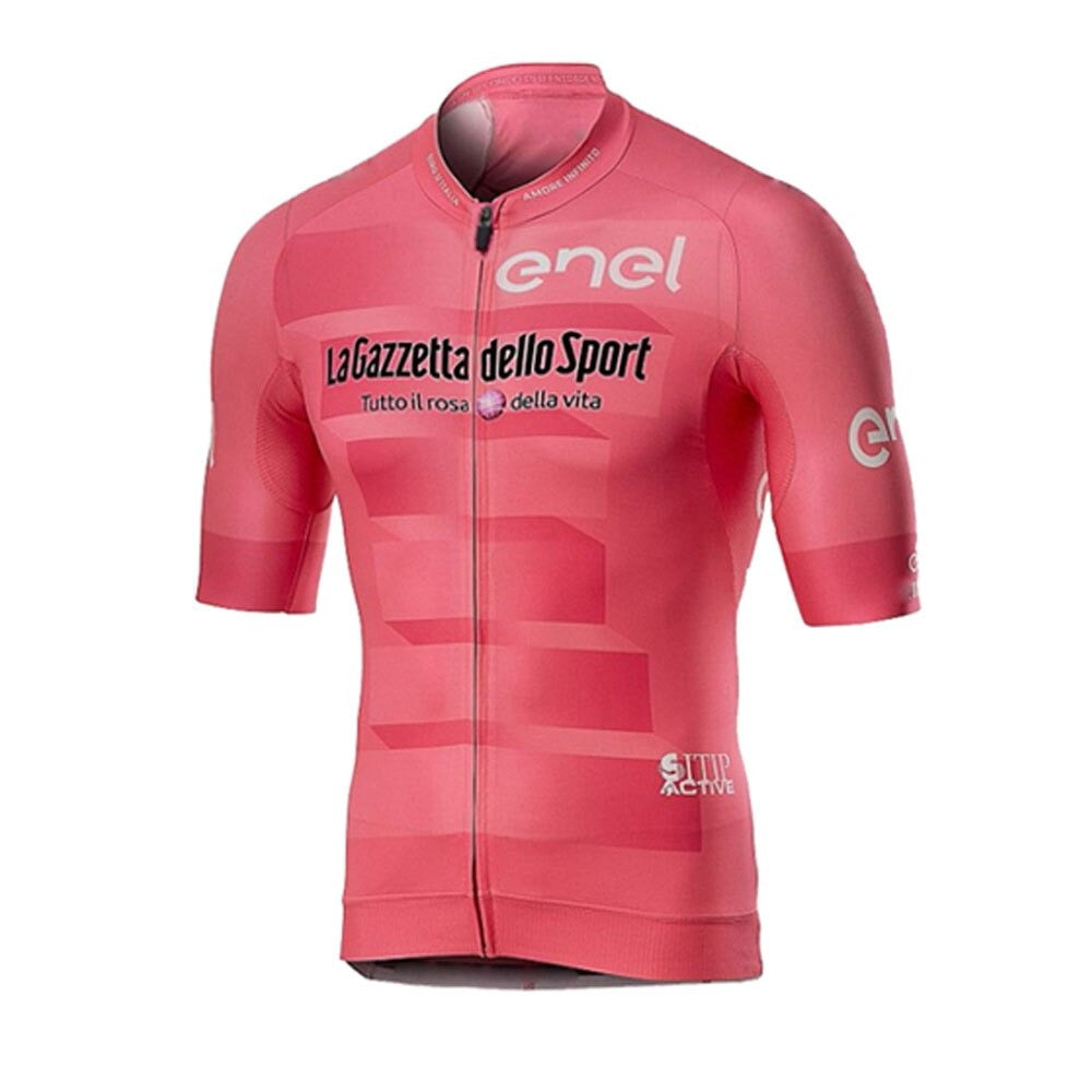 The pink Giro dItalia 2021 Replica Cycling Jersey showcases La Gazzetta dello Sport and enel logos. This short-sleeved, fitted jersey with a front zipper is ideal for fans of professional cycling events.