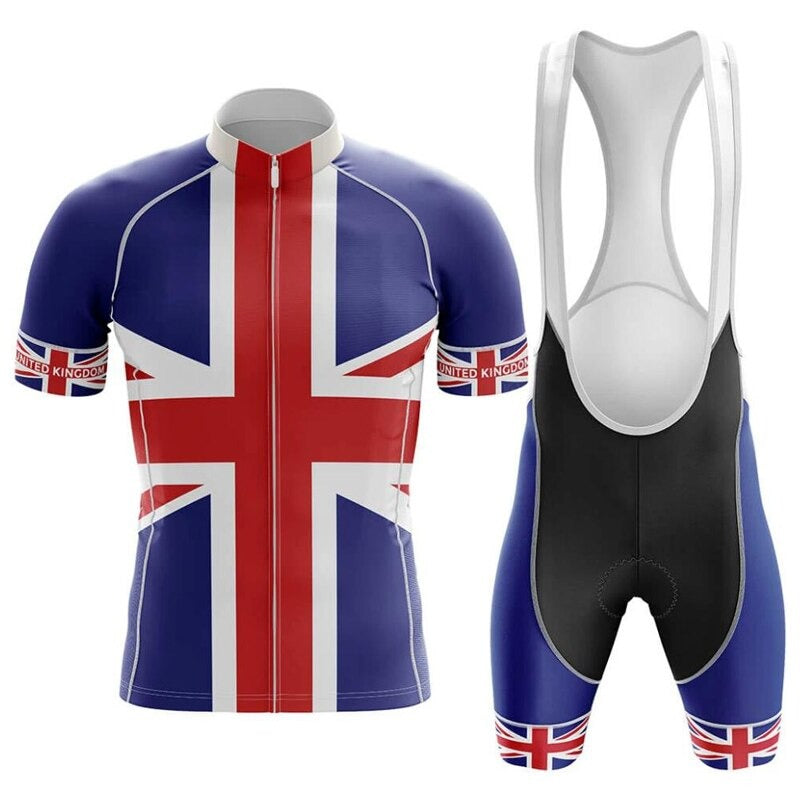 The Great Britain Pro Team Cycling Jersey Sets showcase a Union Jack design, featuring a lightweight polyester jersey with a front zipper and flag-patterned sleeves, paired with black bib shorts accented by white straps and Union Jack details on the legs.
