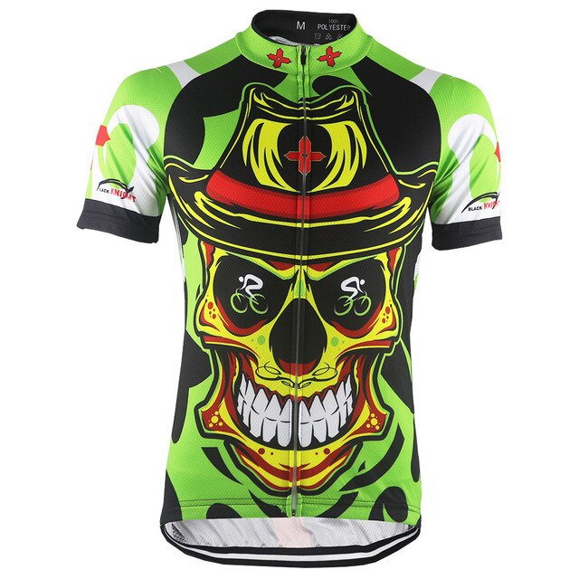 The Green Joker Skull Cycling Jersey features a bold and vibrant design of a cartoonish green joker skull with a hat, red accents, stylized flames, and sunglasses, making it perfect for adventurous rides.