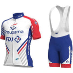 Discover the Groupama FDJ Cycling Team Jersey Set, showcasing a sleek design with a white and blue color palette enhanced by red accents. The set includes matching blue bib shorts, featuring geometric patterns and logos for stylish comfort on every ride.