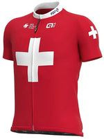 The Groupama-FDJ Swiss Champion 2020 Cycling Jersey is red with a large white cross resembling the Swiss flag, featuring short sleeves and FDJ logos around the collar and chest.