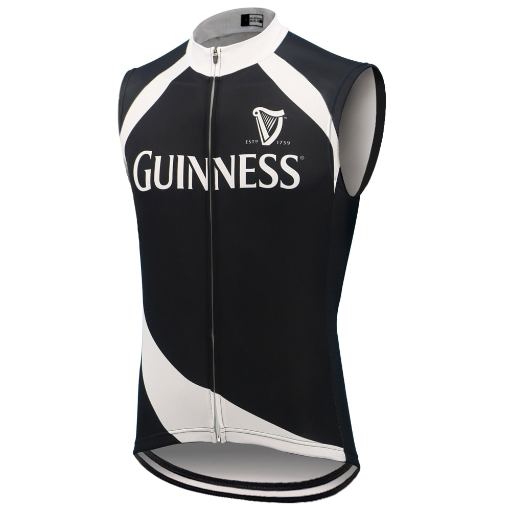Explore the lightweight Guinness Black Cycling Vest, a sleek sleeveless jersey crafted for performance. It features a zip-up front and displays Guinness with a harp logo on a black background accented in white.