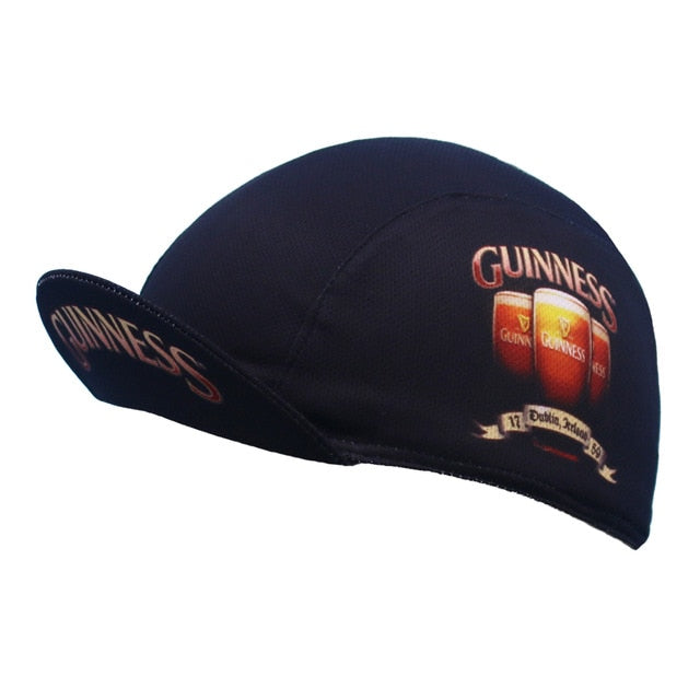 The Guinness Cycling Cap features breathable mesh fabric and a vintage design with the iconic Guinness logo, three pint glasses, Guinness text on the side and brim, and highlights Dublin, Ireland since 1759. Its moisture absorbent for added comfort.