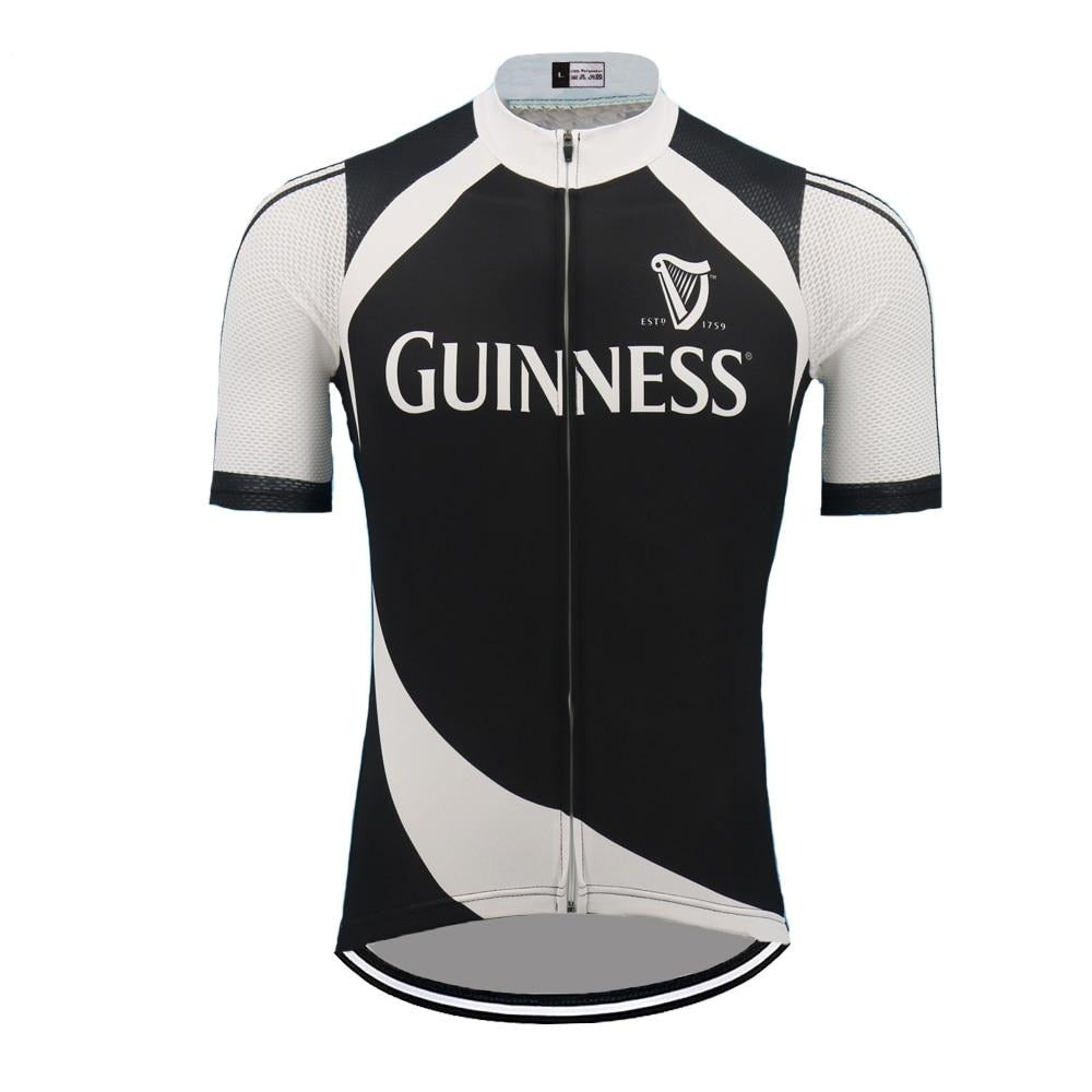 The Guinness Retro Cycling Jersey Black is made from lightweight polyester in black and white, featuring the Guinness logo and a harp. It offers short sleeves with mesh panels, a full front zipper, and curved sections for a sleek, retro look.