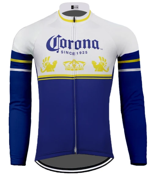 Feel nostalgic with the Corona Beer Retro Cycling Jersey, featuring long sleeves and a classic white top with a blue bottom. Adorned with the Corona logo since 1925, it boasts yellow crowns, griffins, a front zipper, and horizontal stripes for a stylish flair.