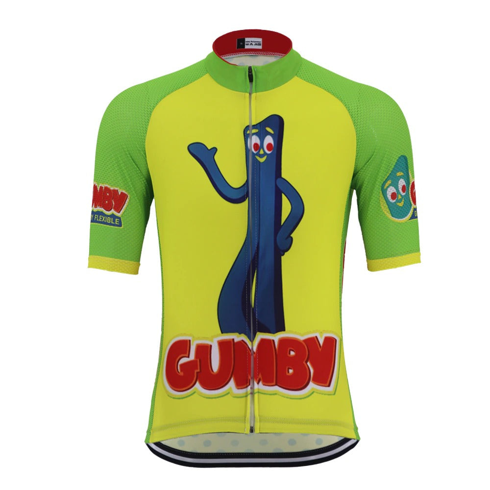 Introducing the Gumby Retro Cycling Jersey: a lightweight polyester jersey with a vibrant green and yellow design, featuring a friendly blue character waving and Gumby in bold red letters at the bottom. Perfect for breathable comfort and style.
