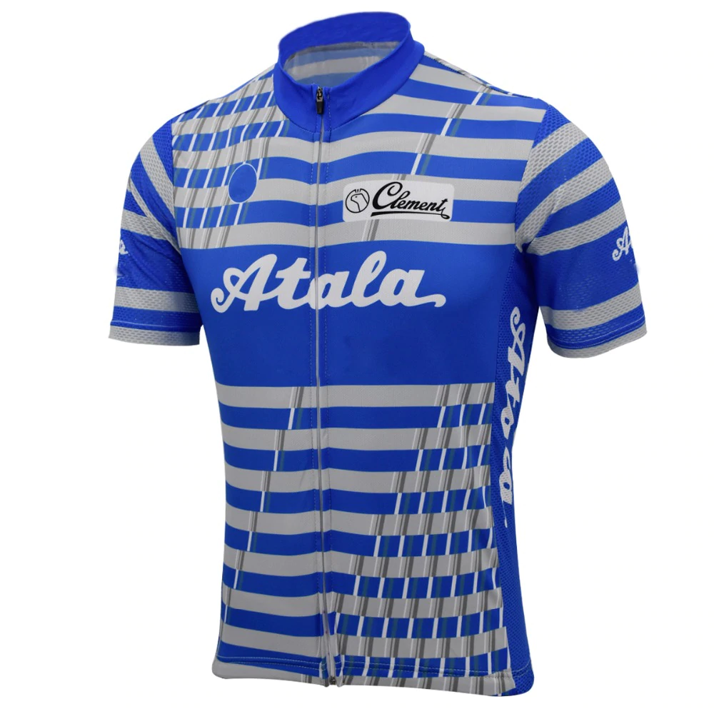 The Atala Retro Cycling Jersey, made of lightweight polyester, features blue and gray stripes with Atala in white on the chest. It has short sleeves, a zippered front, and the iconic Clement logo on the upper left for a breathable ride.