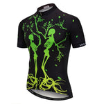 The Halloween Skeleton-Skull Cycling Jersey, made from lightweight black polyester, features vivid green skeleton-skull designs interwoven with tree branches and roots. The artistic pattern includes the Weimostar brand name on the sleeves and collar.