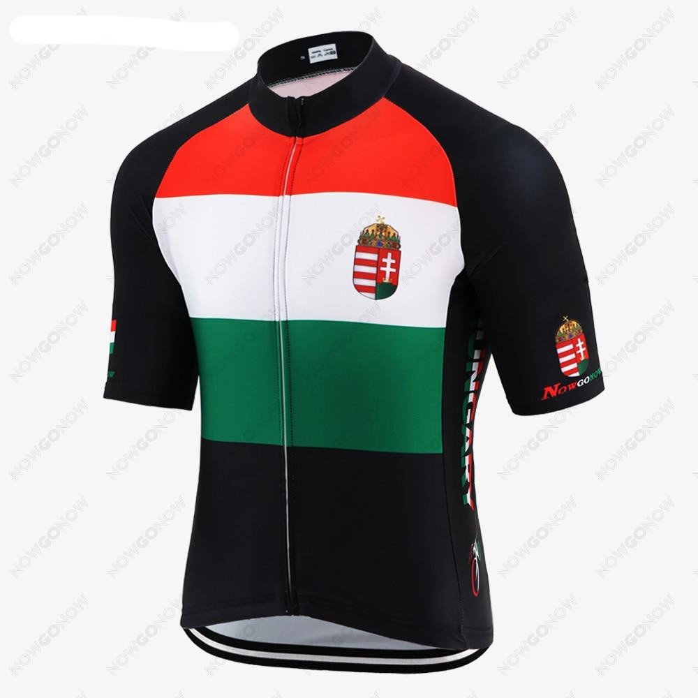 The Hungary Cycling Jersey showcases horizontal red, white, and green stripes like the Hungarian flag. Made from lightweight polyester, it features a chest coat of arms, black short sleeves, and HUNGARY on the sides.