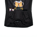 The Bike Now Beer Later Cycling Jersey Set in black features two clinking beer mugs. The jerseys back pockets hold energy bar wrappers, a water bottle, and a smartphone, keeping essentials handy for your ride.
