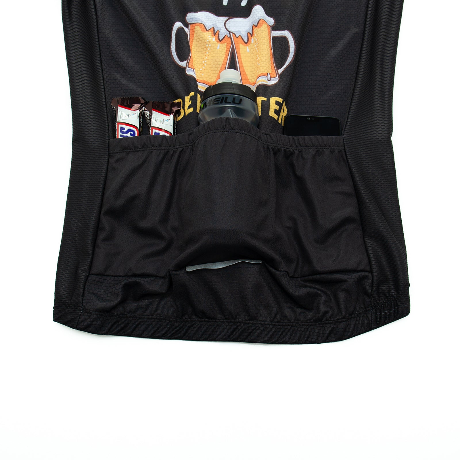 The Bike Now Beer Later Cycling Jersey Set in black features two clinking beer mugs. The jerseys back pockets hold energy bar wrappers, a water bottle, and a smartphone, keeping essentials handy for your ride.