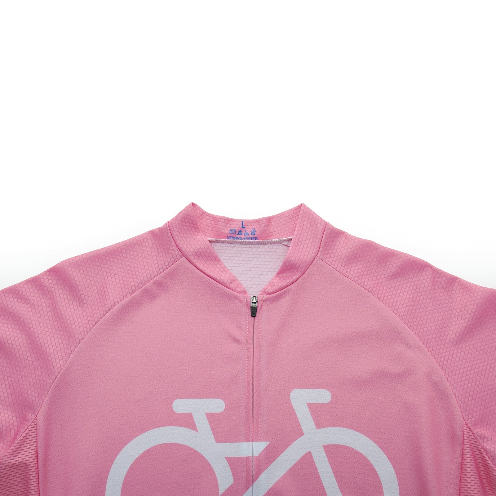 The Bike Logo Pink Cycling Jersey Set is a breathable, pink cycling jersey with a white bicycle outline on the front. It features a zippered front, short sleeves, and offers a streamlined fit ideal for performance cycling wear.