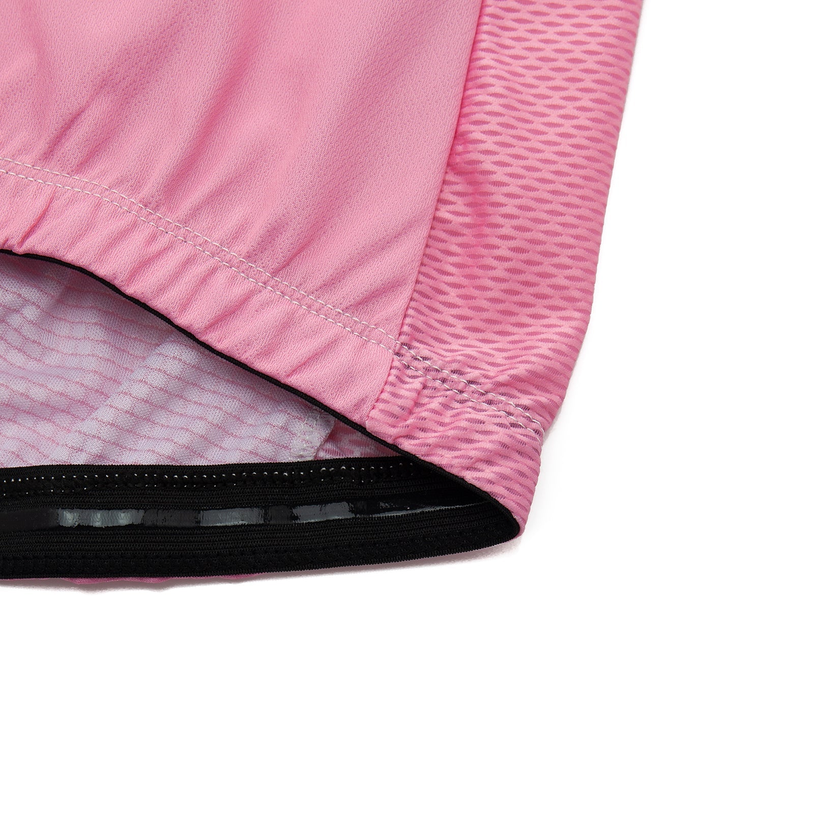 Close-up of the Bike Logo Pink Cycling Jersey Set revealing its textured, breathable fabric and stitching. The focus is on the sleeve and torso area, emphasizing the pattern and airy design.