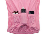 The Bike Logo Pink Cycling Jersey Set is a breathable cycling jersey featuring a textured design, three back pockets to hold items like a water bottle, smartphone, and energy bars, perfect for long rides.