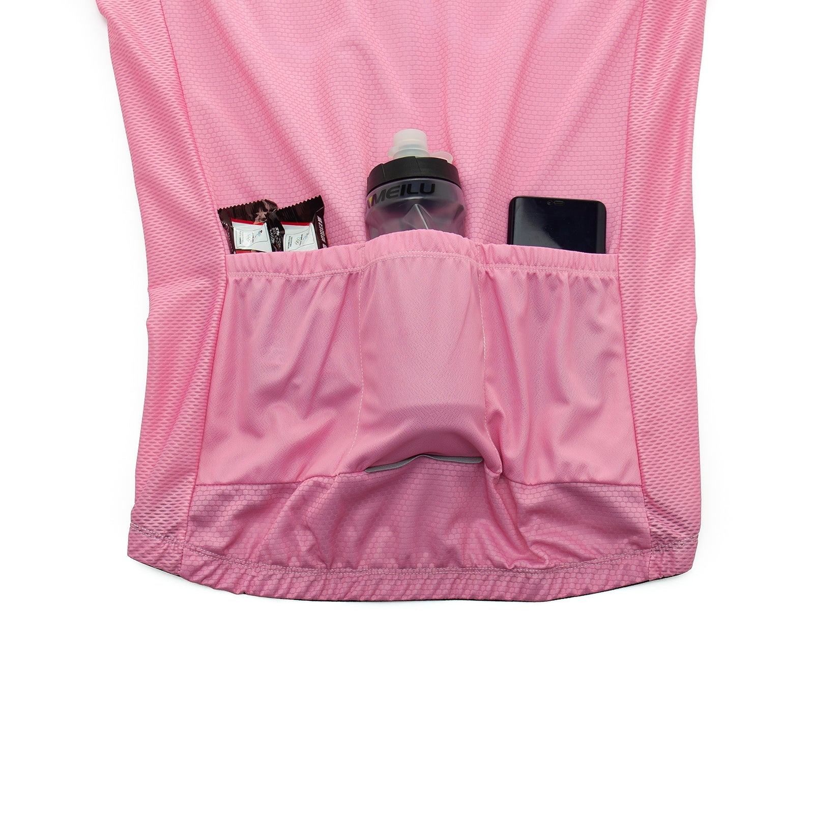 The Bike Logo Pink Cycling Jersey Set is a breathable cycling jersey featuring a textured design, three back pockets to hold items like a water bottle, smartphone, and energy bars, perfect for long rides.